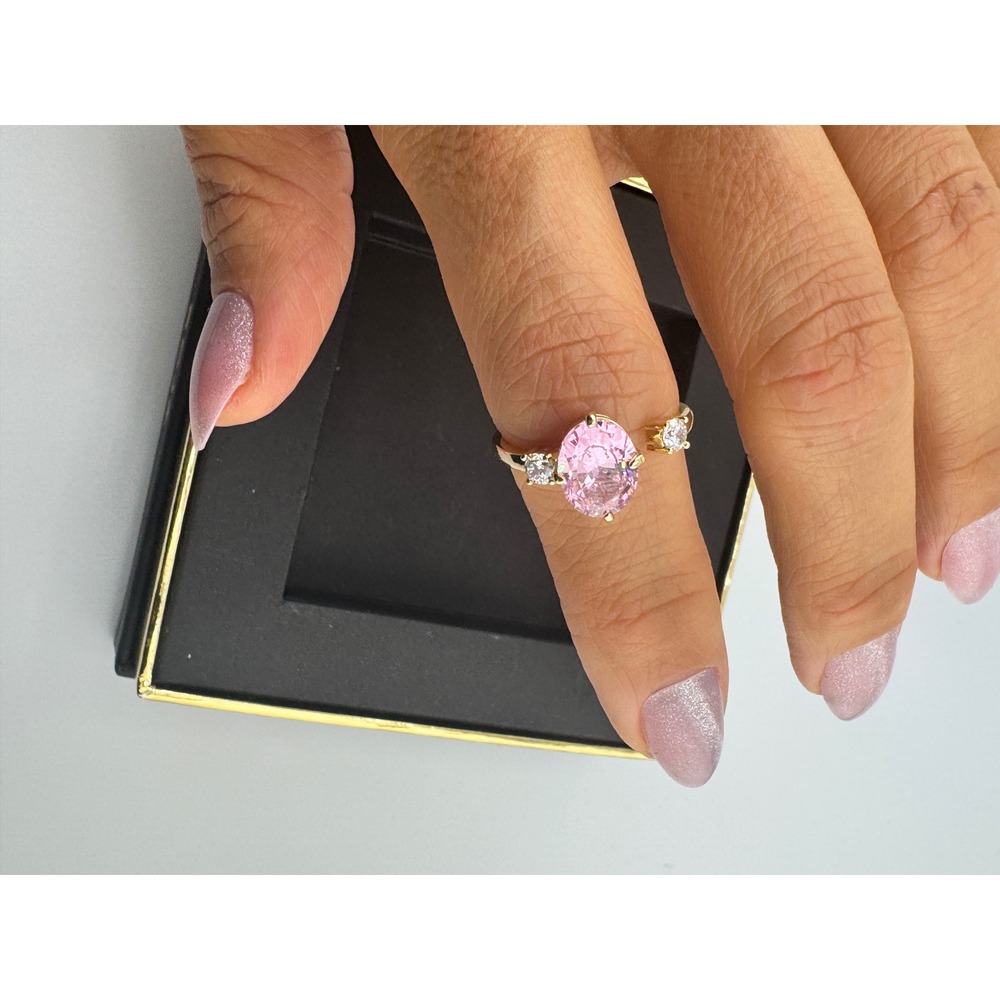 Gold Tone Pink Oval Stone Bypass Ring with Clear Accents Open Band Wrap Style - Picture 2 of 3